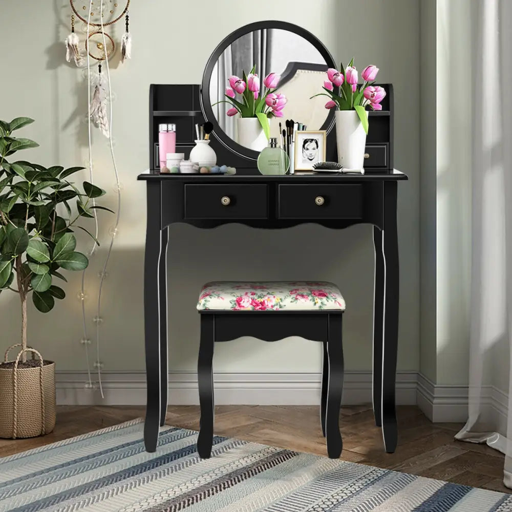 Makeup Vanity Table Set Girls Dressing Table with Drawers Oval Mirror-Black - Black - Makeup Vanities