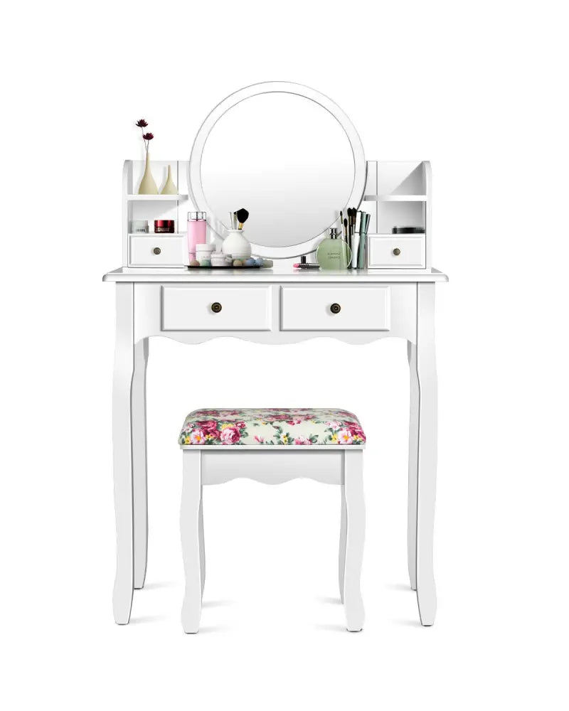 Makeup Vanity Table Set Girls Dressing Table with Drawers Oval Mirror-White - White - Makeup Vanities