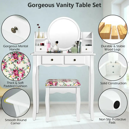 Makeup Vanity Table Set Girls Dressing Table with Drawers Oval Mirror-White - White - Makeup Vanities