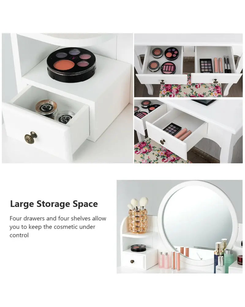 Makeup Vanity Table Set Girls Dressing Table with Drawers Oval Mirror-White - White - Makeup Vanities