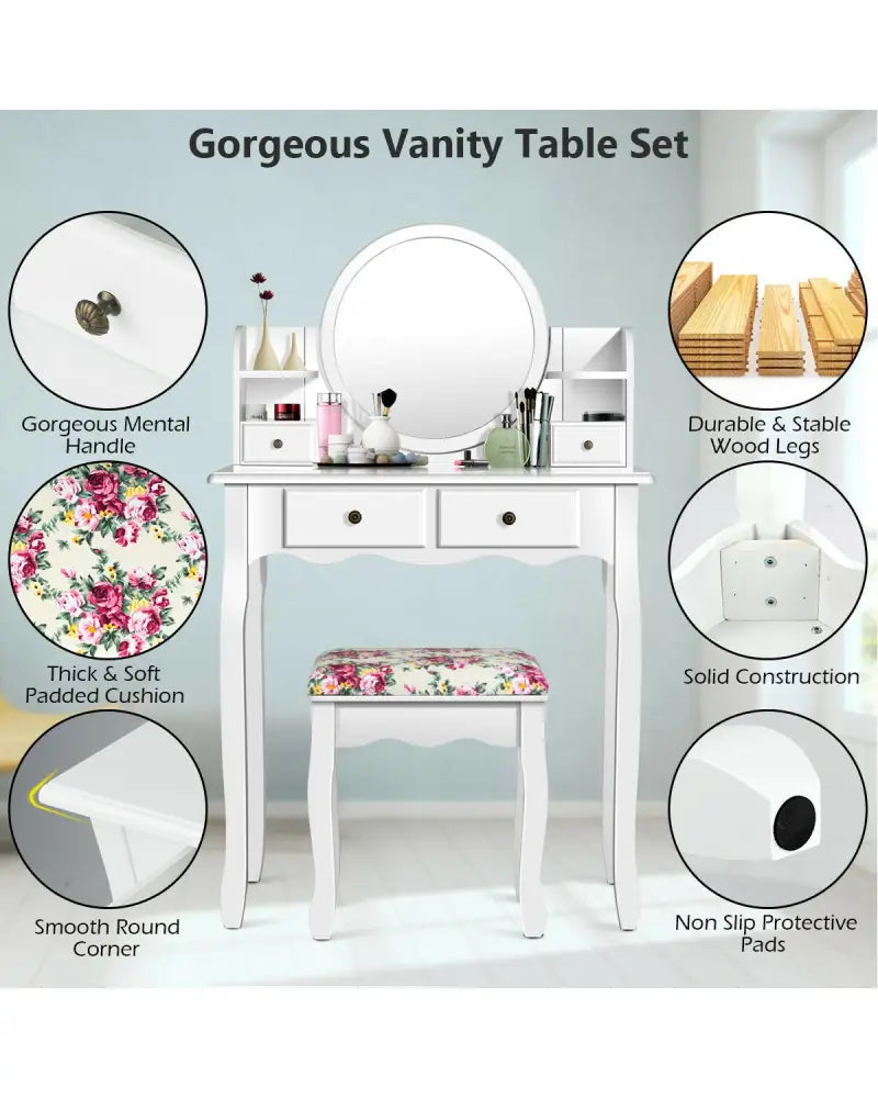 Makeup Vanity Table Set Girls Dressing Table with Drawers Oval Mirror-White - White - Makeup Vanities