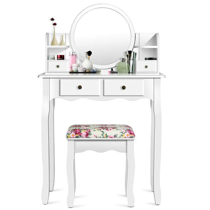 Makeup Vanity Table Set Girls Dressing Table with Drawers Oval Mirror-White - White - Makeup Vanities
