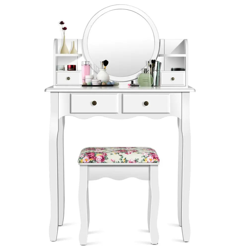 Makeup Vanity Table Set Girls Dressing Table with Drawers Oval Mirror-White - White - Makeup Vanities