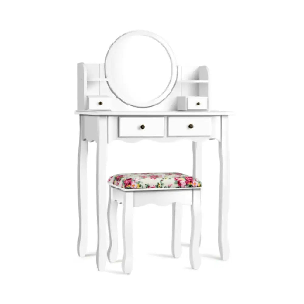 Makeup Vanity Table Set Girls Dressing Table with Drawers Oval Mirror-White - White - Makeup Vanities