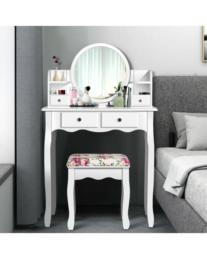Makeup Vanity Table Set Girls Dressing Table with Drawers Oval Mirror-White - White - Makeup Vanities