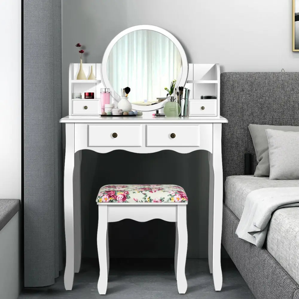 Makeup Vanity Table Set Girls Dressing Table with Drawers Oval Mirror-White - White - Makeup Vanities