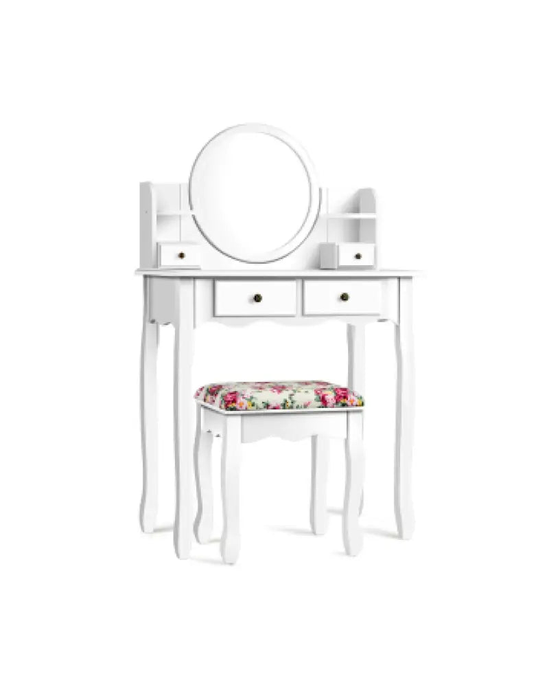 Makeup Vanity Table Set Girls Dressing Table with Drawers Oval Mirror-White - White - Makeup Vanities