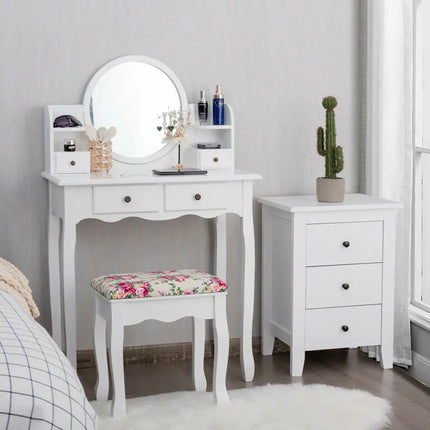 Makeup Vanity Table Set Girls Dressing Table with Drawers Oval Mirror-White - White - Makeup Vanities