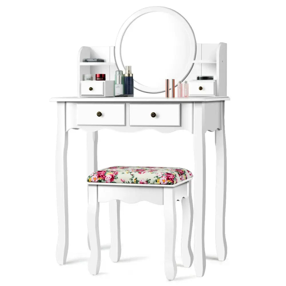Makeup Vanity Table Set Girls Dressing Table with Drawers Oval Mirror-White - White - Makeup Vanities