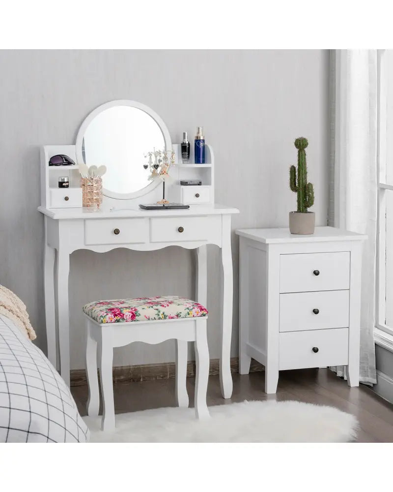 Makeup Vanity Table Set Girls Dressing Table with Drawers Oval Mirror-White - White - Makeup Vanities
