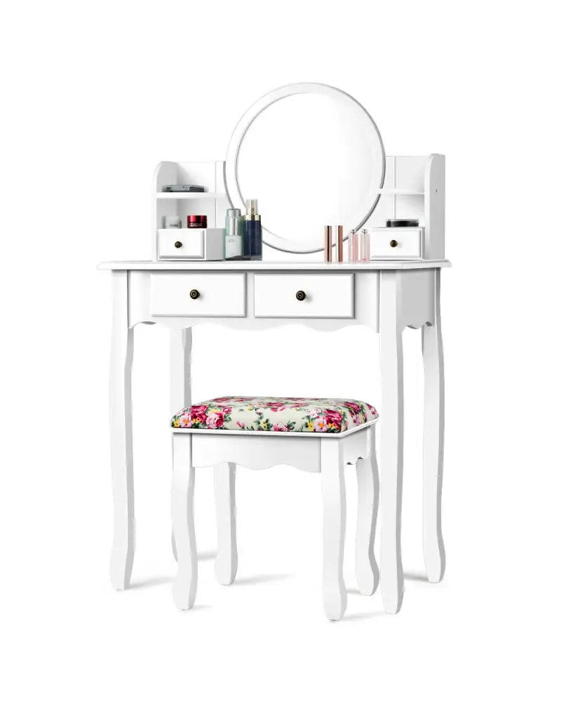 Makeup Vanity Table Set Girls Dressing Table with Drawers Oval Mirror-White - White - Makeup Vanities
