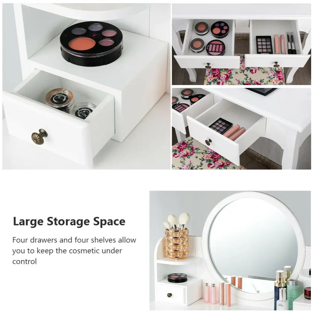 Makeup Vanity Table Set Girls Dressing Table with Drawers Oval Mirror-White - White - Makeup Vanities