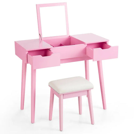 Makeup Vanity Table Set with Flip Top Mirror and 2 Drawers-Pink - Pink - Makeup Vanities