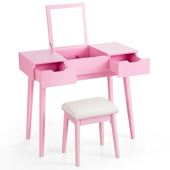 Makeup Vanity Table Set with Flip Top Mirror and 2 Drawers-Pink - Pink - Makeup Vanities