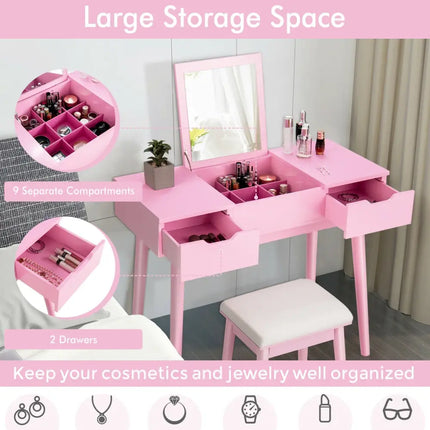 Makeup Vanity Table Set with Flip Top Mirror and 2 Drawers-Pink - Pink - Makeup Vanities
