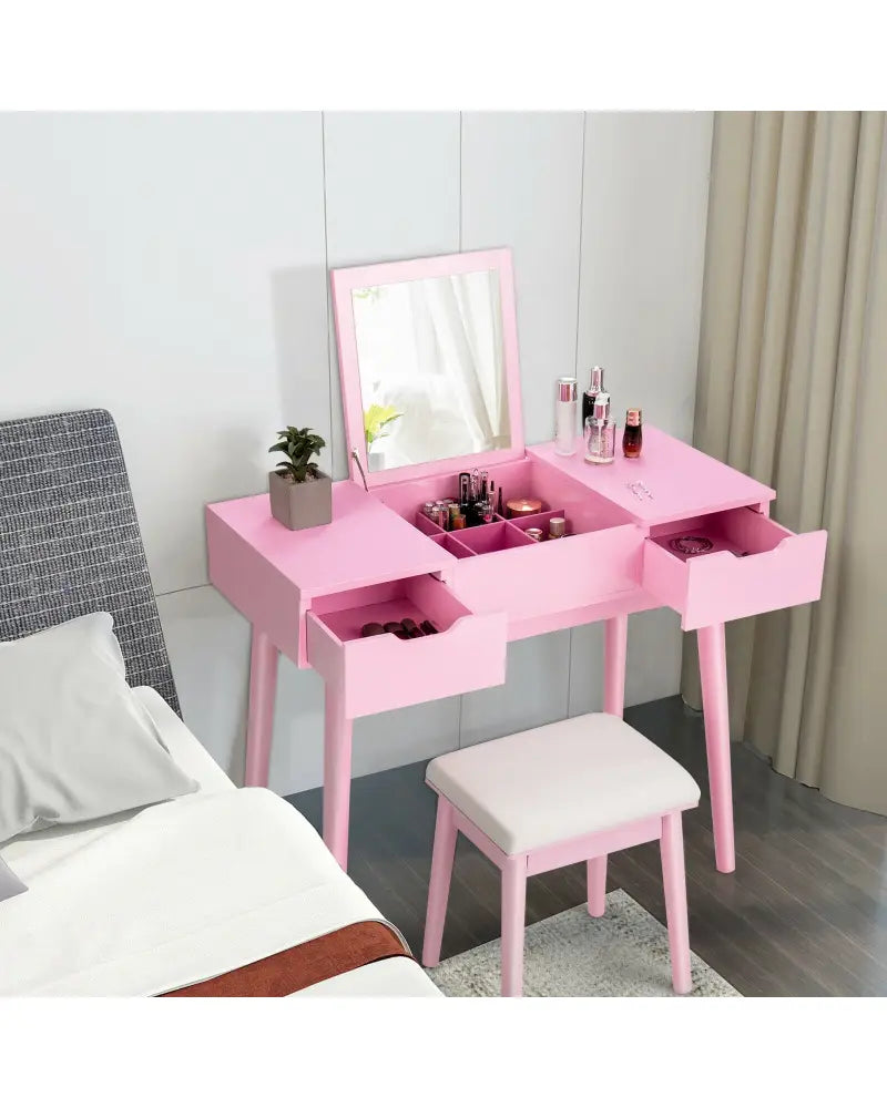 Makeup Vanity Table Set with Flip Top Mirror and 2 Drawers-Pink - Pink - Makeup Vanities