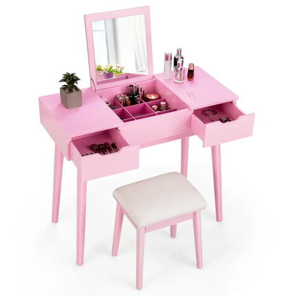 Makeup Vanity Table Set with Flip Top Mirror and 2 Drawers-Pink - Pink - Makeup Vanities