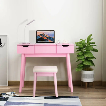 Makeup Vanity Table Set with Flip Top Mirror and 2 Drawers-Pink - Pink - Makeup Vanities