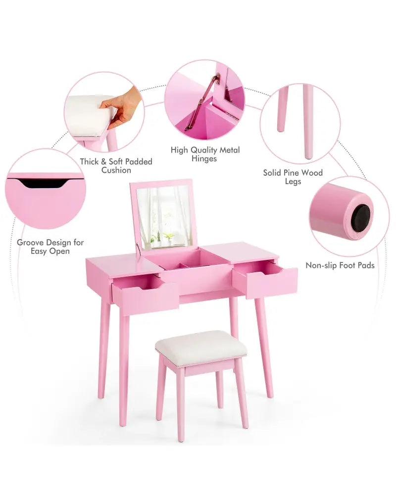 Makeup Vanity Table Set with Flip Top Mirror and 2 Drawers-Pink - Pink - Makeup Vanities