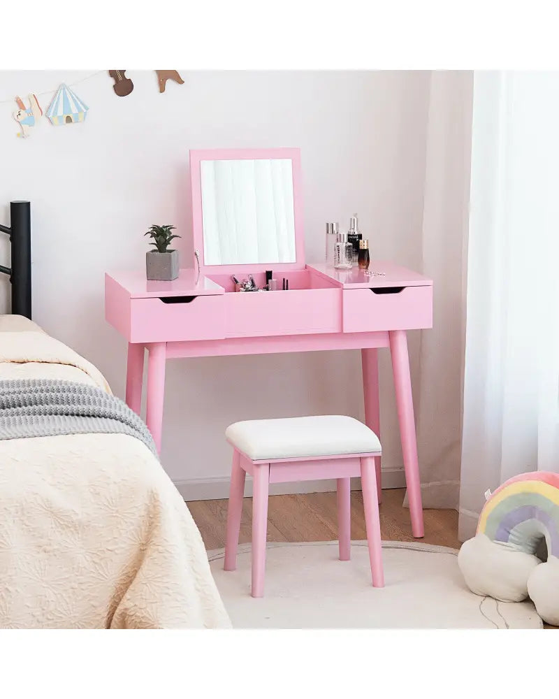 Makeup Vanity Table Set with Flip Top Mirror and 2 Drawers-Pink - Pink - Makeup Vanities