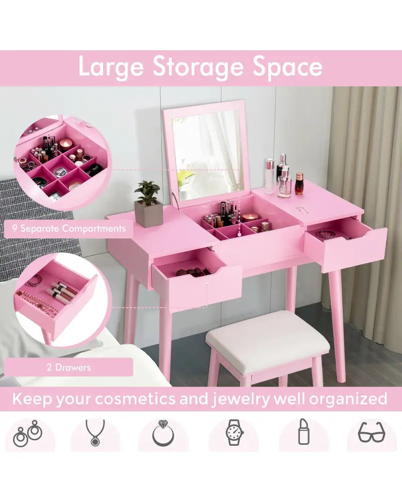 Makeup Vanity Table Set with Flip Top Mirror and 2 Drawers-Pink - Pink - Makeup Vanities