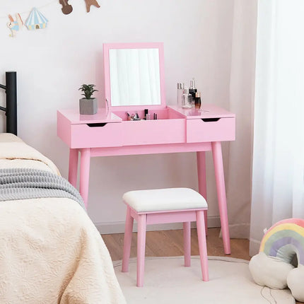 Makeup Vanity Table Set with Flip Top Mirror and 2 Drawers-Pink - Pink - Makeup Vanities