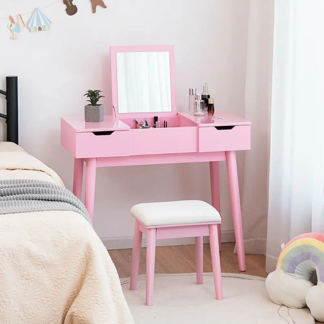 Makeup Vanity Table Set with Flip Top Mirror and 2 Drawers-Pink - Pink - Makeup Vanities