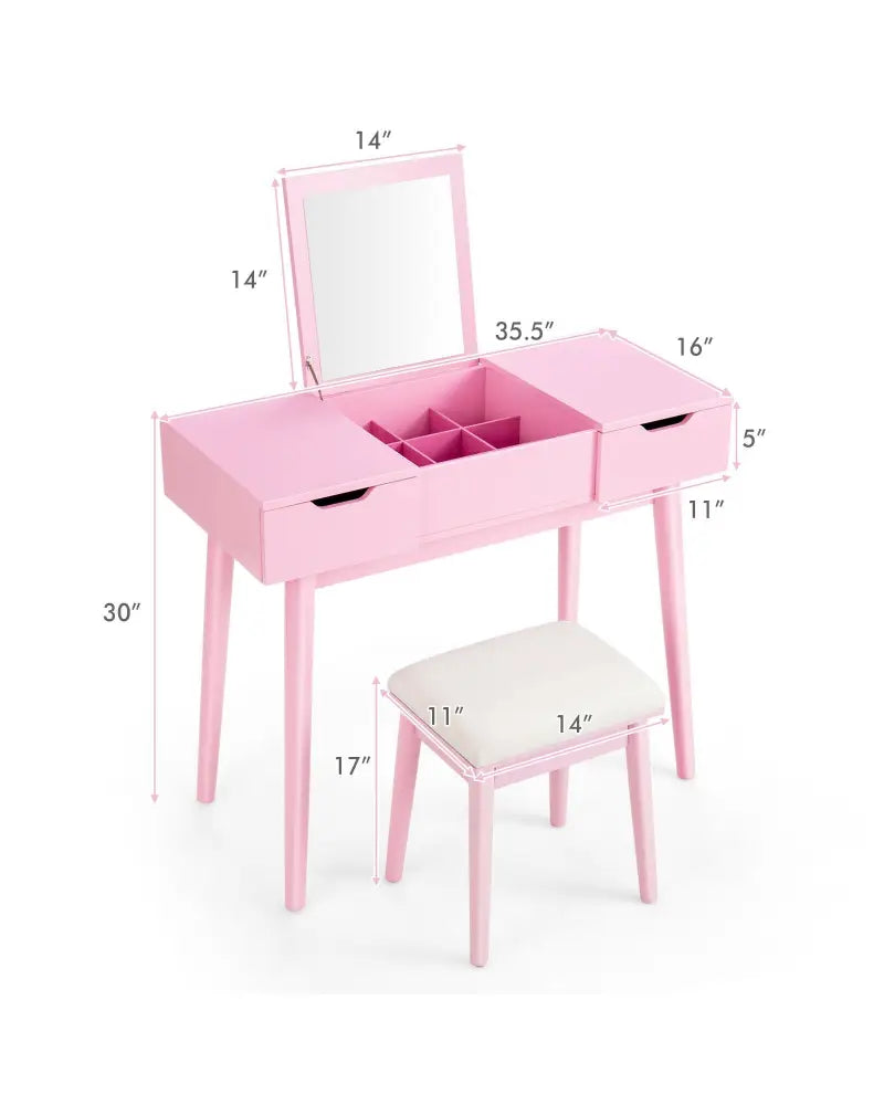 Makeup Vanity Table Set with Flip Top Mirror and 2 Drawers-Pink - Pink - Makeup Vanities