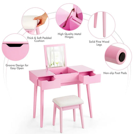 Makeup Vanity Table Set with Flip Top Mirror and 2 Drawers-Pink - Pink - Makeup Vanities