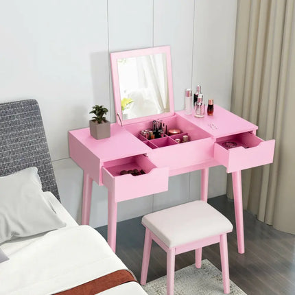 Makeup Vanity Table Set with Flip Top Mirror and 2 Drawers-Pink - Pink - Makeup Vanities