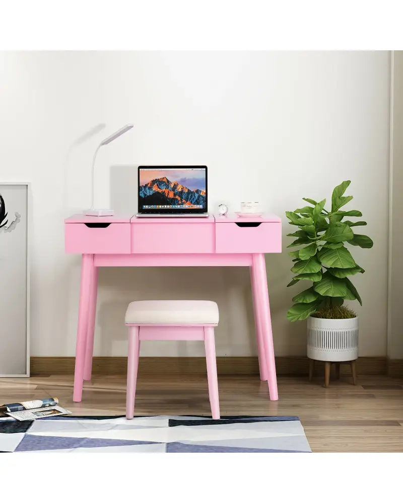 Makeup Vanity Table Set with Flip Top Mirror and 2 Drawers-Pink - Pink - Makeup Vanities