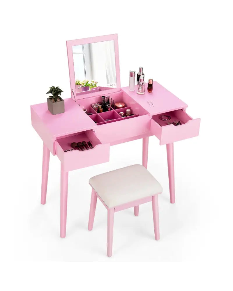 Makeup Vanity Table Set with Flip Top Mirror and 2 Drawers-Pink - Pink - Makeup Vanities