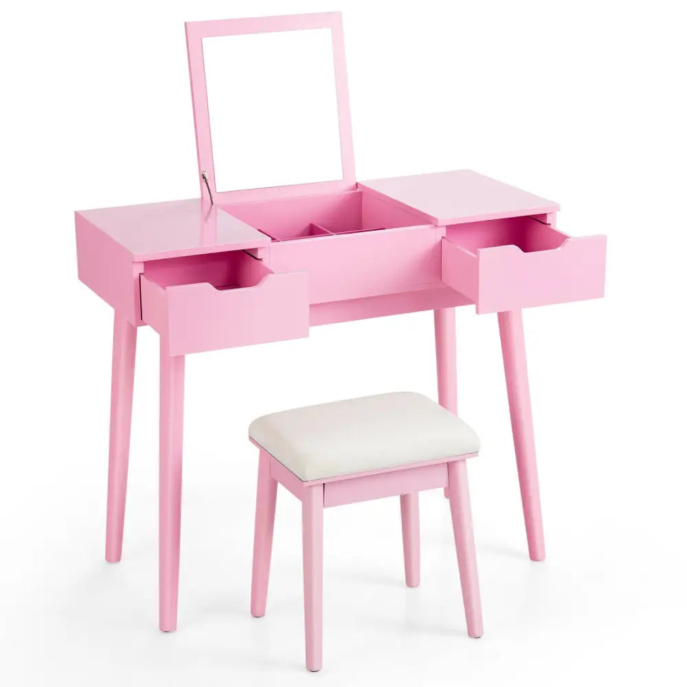Makeup Vanity Table Set with Flip Top Mirror and 2 Drawers-Pink - Pink - Makeup Vanities
