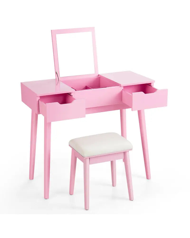 Makeup Vanity Table Set with Flip Top Mirror and 2 Drawers-Pink - Pink - Makeup Vanities