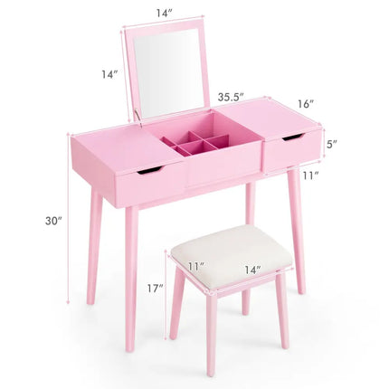 Makeup Vanity Table Set with Flip Top Mirror and 2 Drawers-Pink - Pink - Makeup Vanities