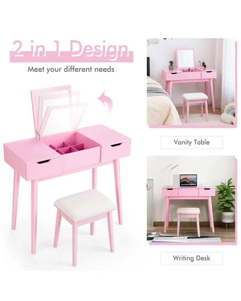 Makeup Vanity Table Set with Flip Top Mirror and 2 Drawers-Pink - Pink - Makeup Vanities