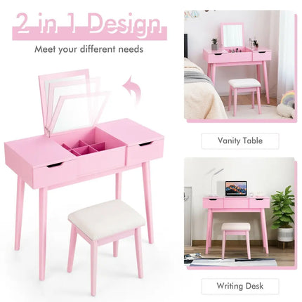 Makeup Vanity Table Set with Flip Top Mirror and 2 Drawers-Pink - Pink - Makeup Vanities