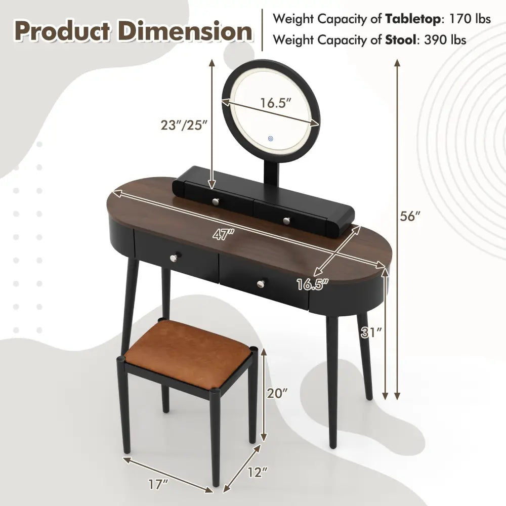 Makeup Vanity Table Set with LED Mirror and 3 Spacious Drawers-Black-Brown - Black - Makeup Vanities