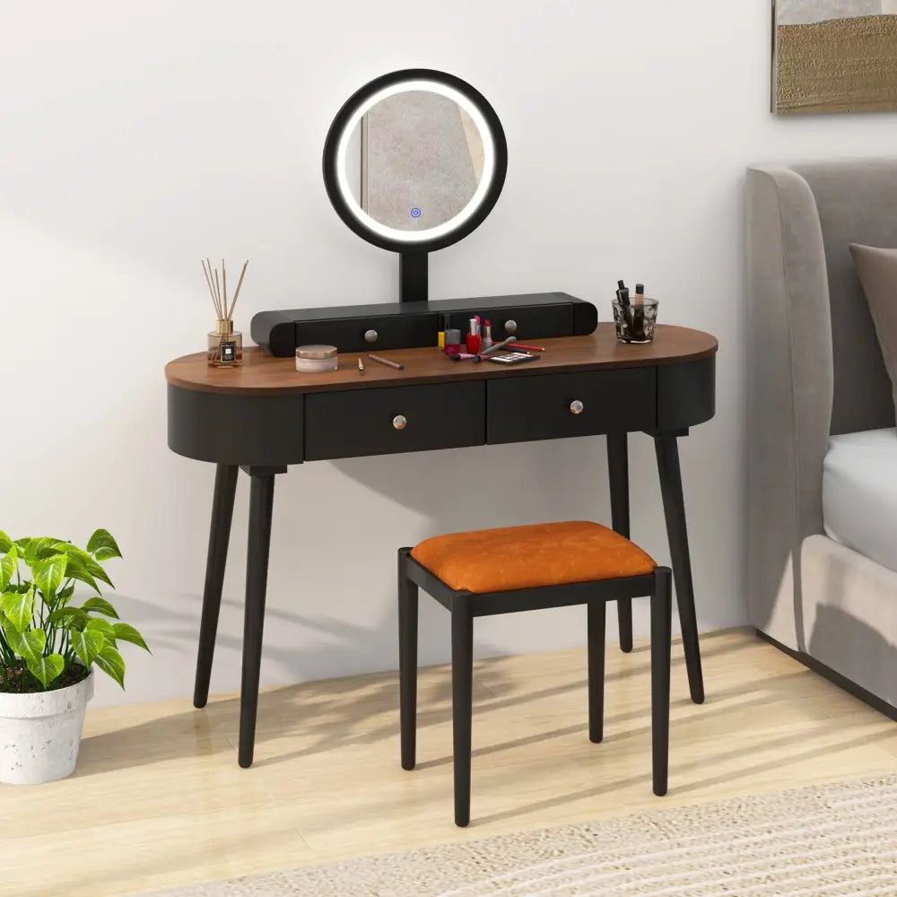 Makeup Vanity Table Set with LED Mirror and 3 Spacious Drawers-Black-Brown - Black - Makeup Vanities