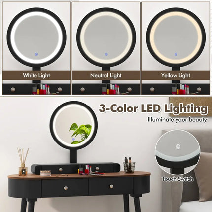 Makeup Vanity Table Set with LED Mirror and 3 Spacious Drawers-Black-Brown - Black - Makeup Vanities
