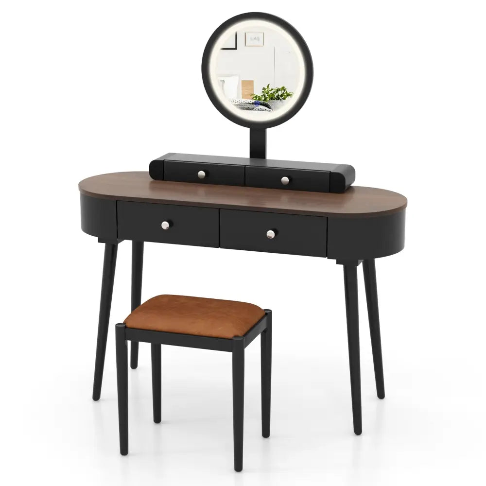 Makeup Vanity Table Set with LED Mirror and 3 Spacious Drawers-Black-Brown - Black - Makeup Vanities