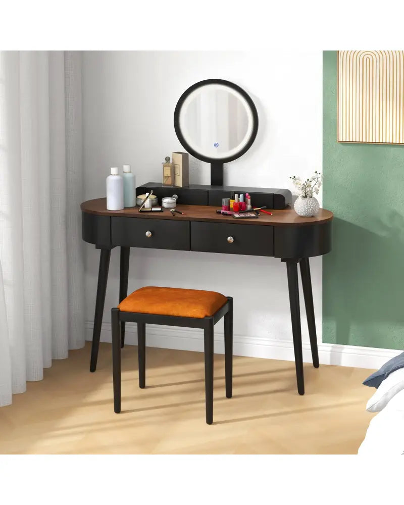 Makeup Vanity Table Set with LED Mirror and 3 Spacious Drawers-Black-Brown - Black - Makeup Vanities