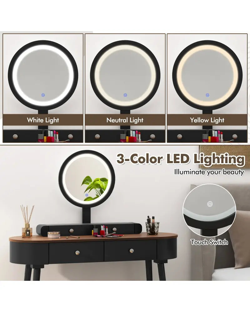 Makeup Vanity Table Set with LED Mirror and 3 Spacious Drawers-Black-Brown - Black - Makeup Vanities
