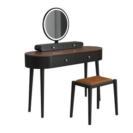 Makeup Vanity Table Set with LED Mirror and 3 Spacious Drawers-Black-Brown - Black - Makeup Vanities