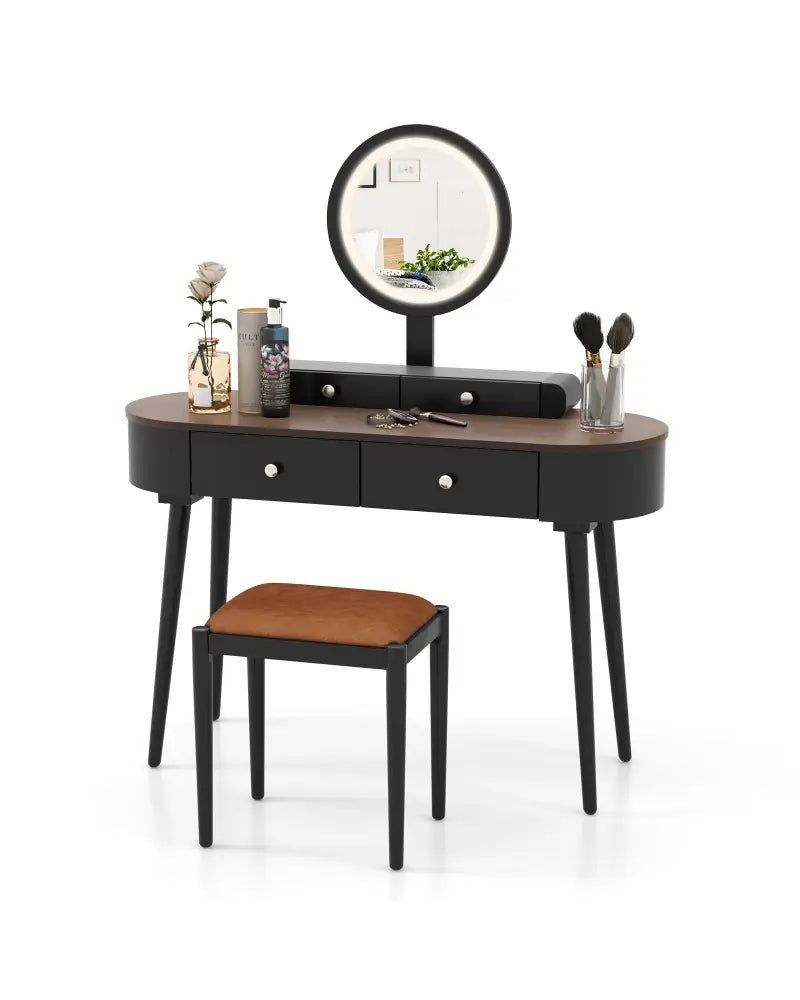 Makeup Vanity Table Set with LED Mirror and 3 Spacious Drawers-Black-Brown - Black - Makeup Vanities