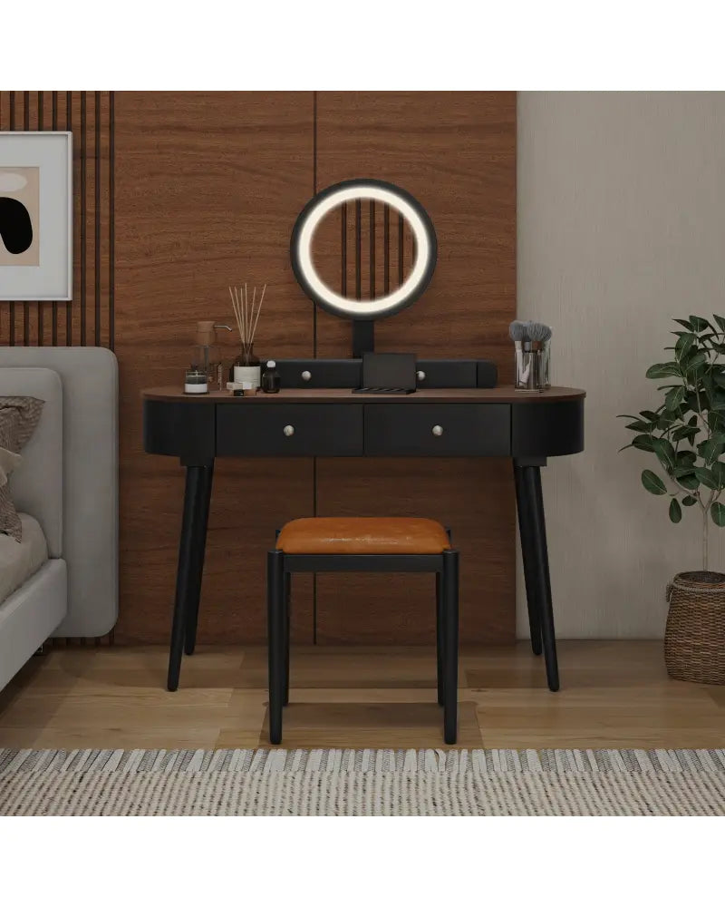 Makeup Vanity Table Set with LED Mirror and 3 Spacious Drawers-Black-Brown - Black - Makeup Vanities