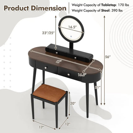 Makeup Vanity Table Set with LED Mirror and 3 Spacious Drawers-Black-Brown - Black - Makeup Vanities
