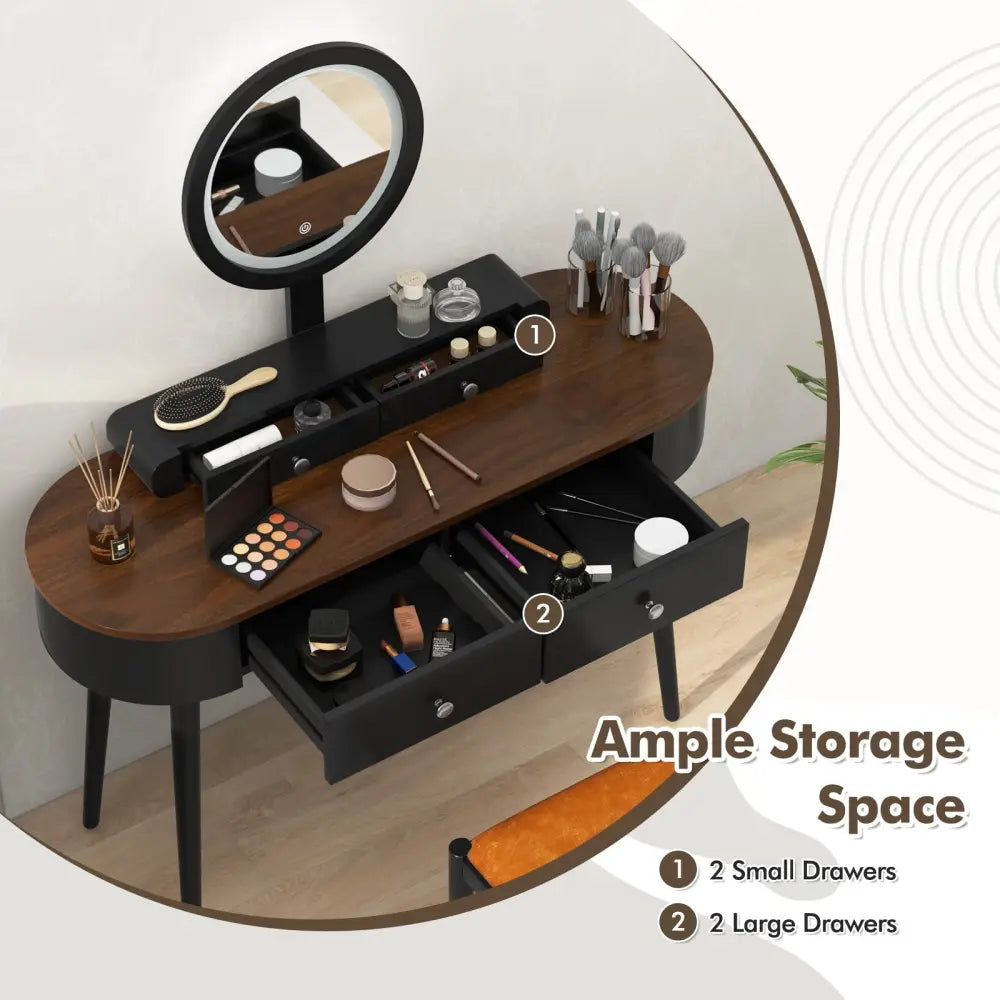 Makeup Vanity Table Set with LED Mirror and 3 Spacious Drawers-Black-Brown - Black - Makeup Vanities