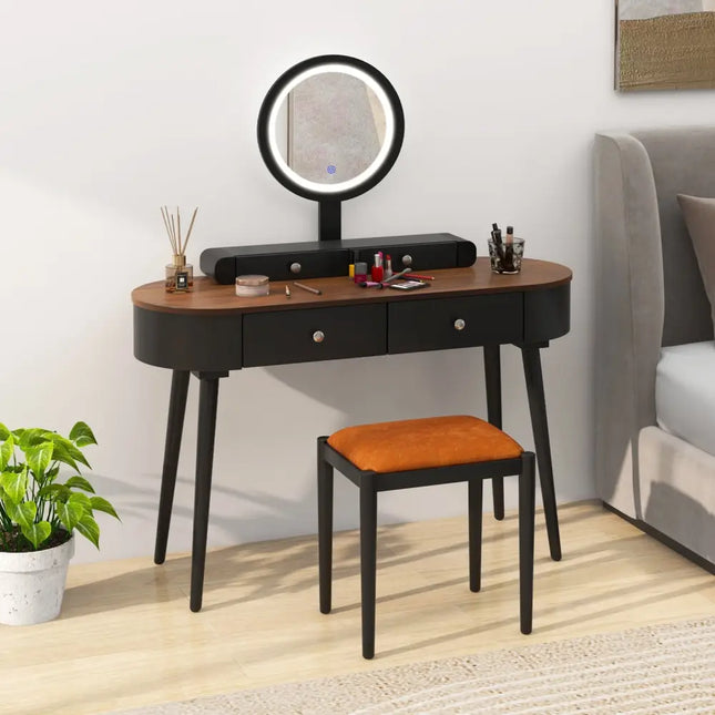Makeup Vanity Table Set with LED Mirror and 3 Spacious Drawers-Black-Brown - Black - Makeup Vanities