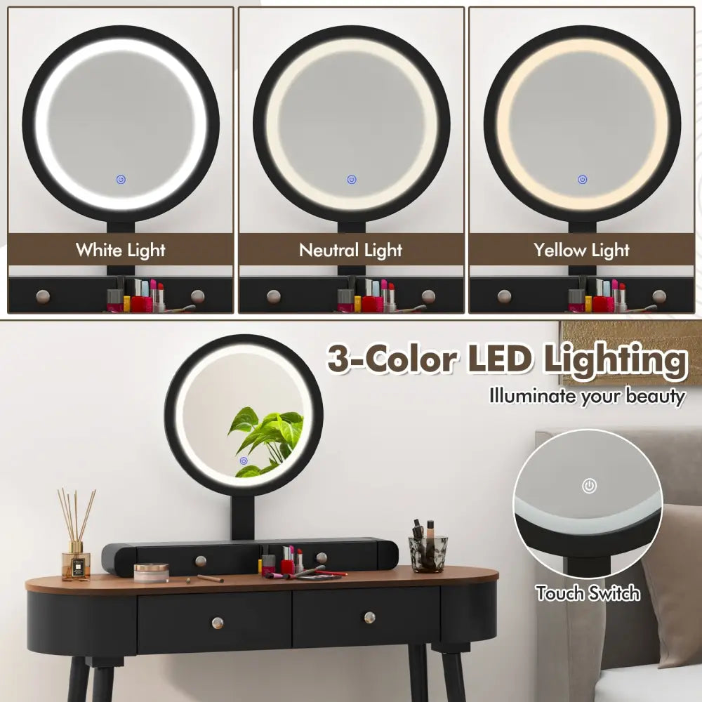 Makeup Vanity Table Set with LED Mirror and 3 Spacious Drawers-Black-Brown - Black - Makeup Vanities